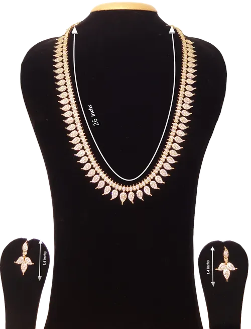 American Diamond Micro Gold Plated Leaf Mango Pattern Long adjustable Haram Jewellery Necklace Set